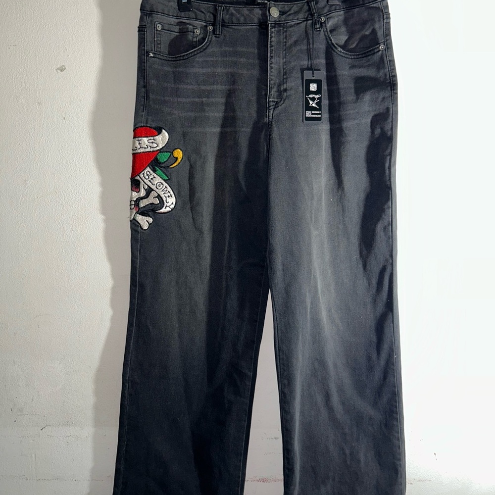 NWT Ed Hardy Jeans Faded Black Wide Leg Love Kills Slowly Embroidered Size 32